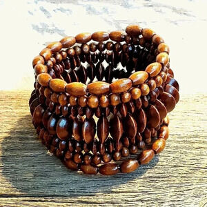 Vintage 90s Bali Sustainable Darker Brown Wood Beads Memory Wire Wrap Bracelet